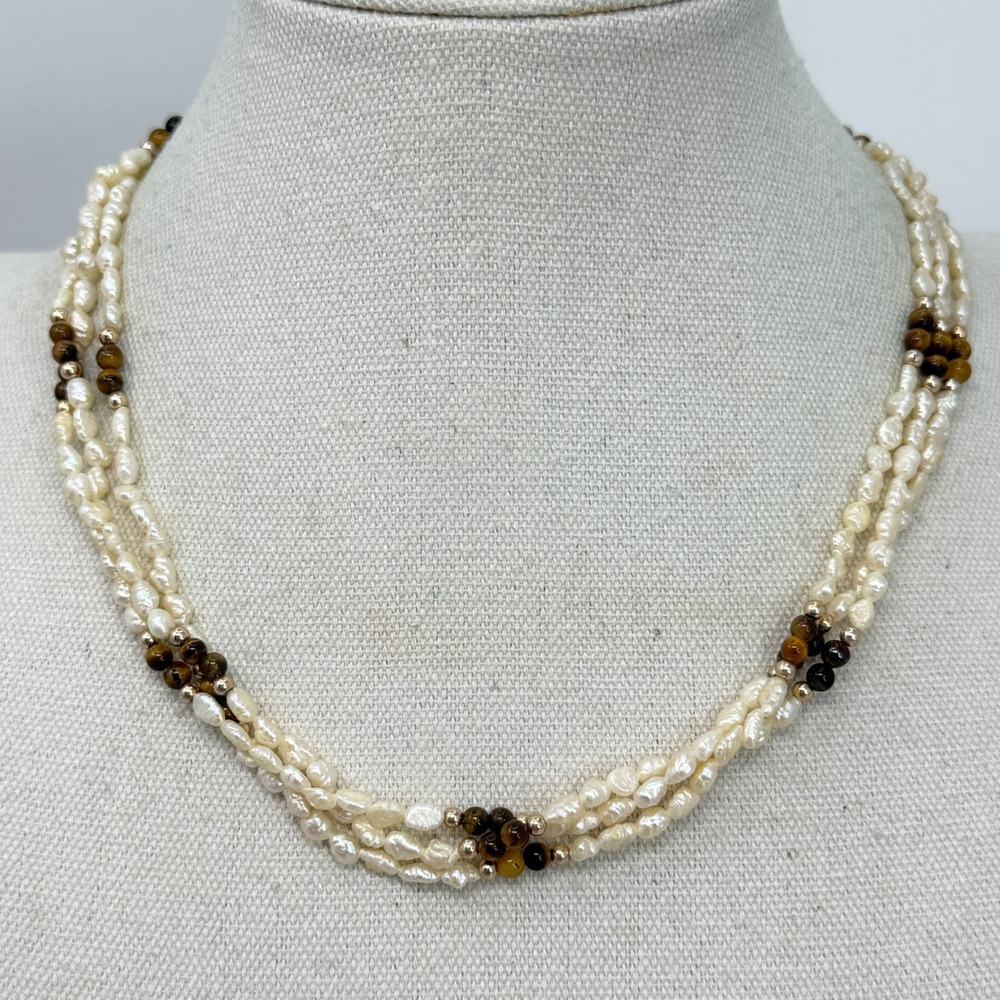 Vintage Multi-Strand Freshwater‎ Rice Pearl & Tigers Eye Gemstone Necklace 17"
